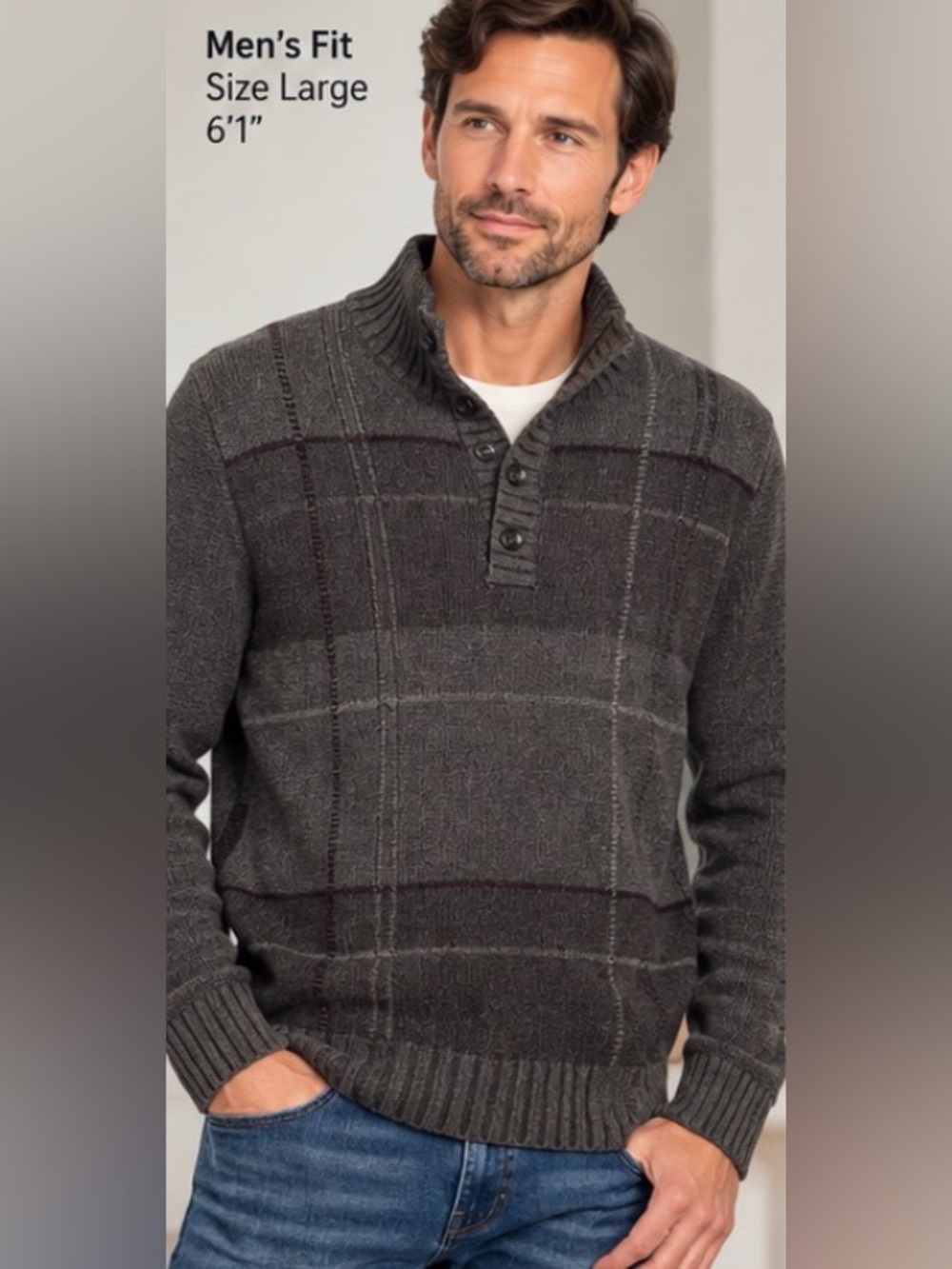 24.4” ptp Men's Plaid Gray Turtleneck Sweater